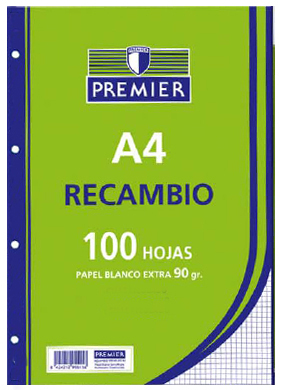 Recambio Din-A4 100 hojas 90 grs 4 taladros plantados Cuadrícula 3mm con margen