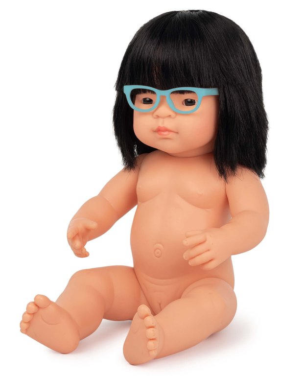 Baby asiático niña 38 cm gafas