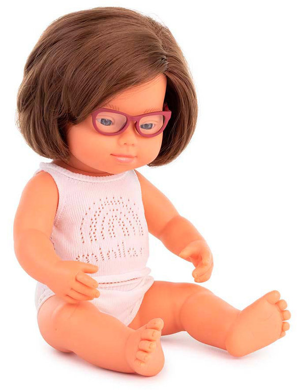 Baby síndrome down caucásico niña 38 cm gafas + ropa interior