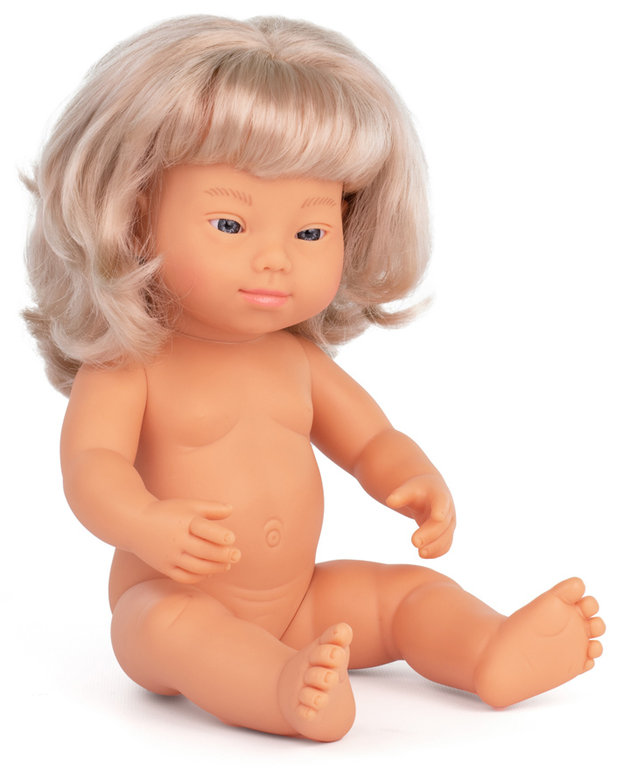 Baby síndrome de down caucásico rubio niña 38 cm