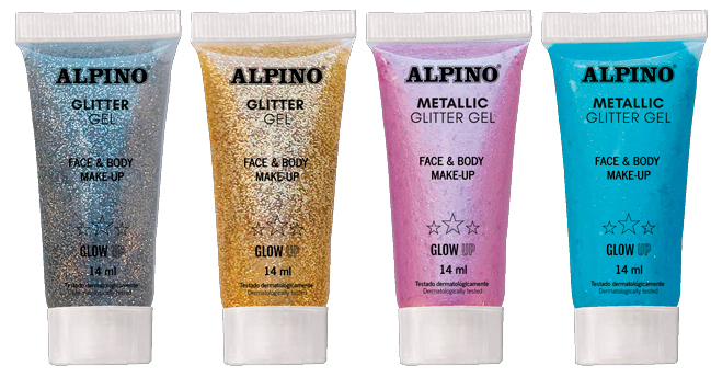 Tubo maquillaje ALPINO gel metalizado glitter-purpurina