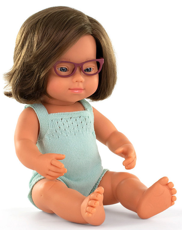 Baby caucásica síndrome down y gafas niña 38 cm colourful