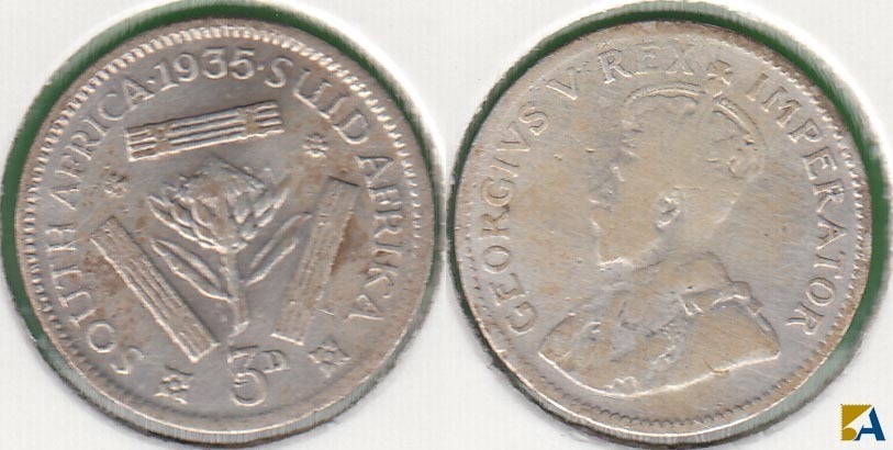 SUDAFRICA - SOUTH AFRICA. 3 PENIQUES (PENCE) DE 1935. PLATA 0.800.