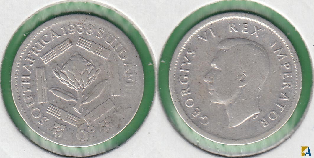 SUDAFRICA - SOUTH AFRICA. 6 PENIQUES (PENCE) DE 1938. PLATA 0.800.