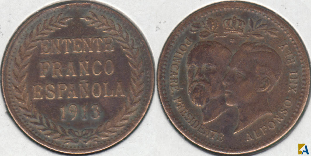 MEDALLA CONMEMORATIVA DE LA ENTENTE FRANCO-ESPAÑOLA DE 1913. SIN ANILLA.