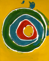 cuadros abstractos "Círculo verde, azul y rojo sobre fondo amarillo"