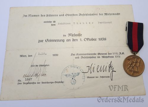 Medaille zur Erinnerung an den 1. Oktober 1938 mit Urkunde