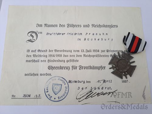 Croix d'honneur des combattants avec document