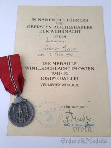 Medalha da Campanha do Leste com documento de concessão